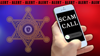 Graphic with the word Alert repeating across the top, a phone with the words scam call.