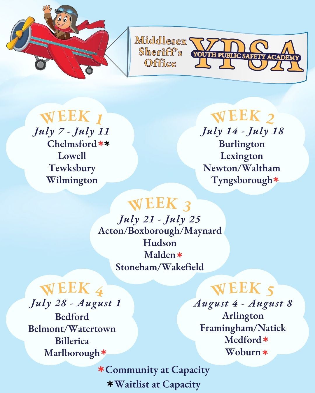 YPSA 2025 Schedule. Has a plane with a banner and clouds with community names and dates.